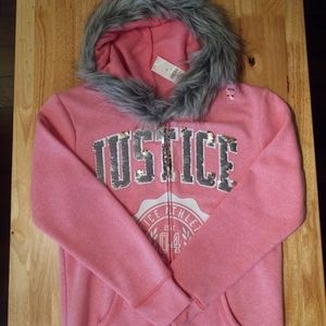 Justice Sequin Pink Fur Zip Hoodie sz 14/16